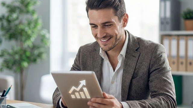 business growth, success, businessman, digital tablet, mindset financial data, market analysis, positive trend, investment, corporate strategy, professional man, happy executive, data visualization, office environment, technology, achievement, progress, profit, modern workspace, smart device, upward arrow, bar chart, financial success, smiling man, ai generated