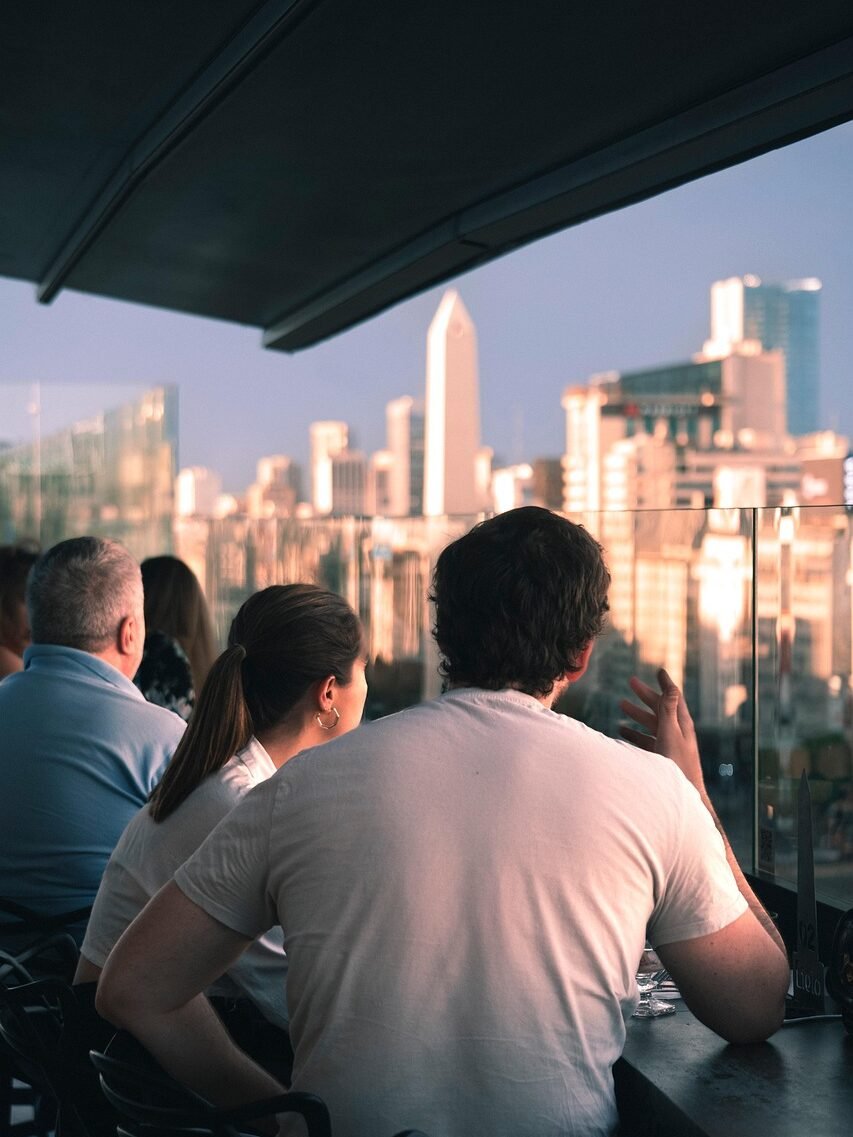 darling, terrace, building, buildings, people, shades, sun, sunset, nature, afternoon