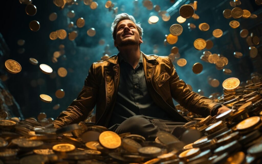ai generated, man, coins, money, weatlh, currency, business, income, finance, gold, male, income, finance, finance, finance, finance, finance